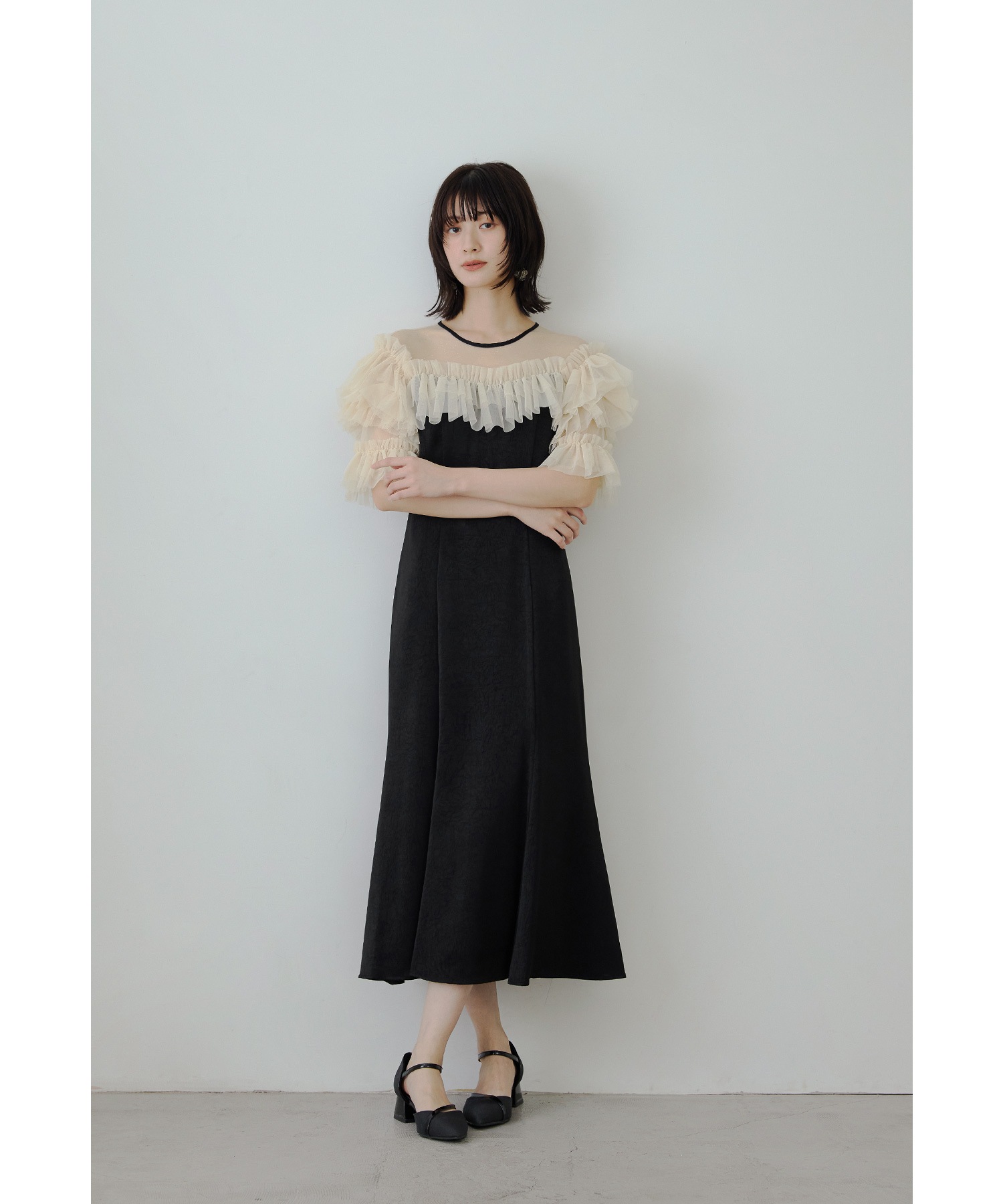 チュールフリルサテンフレアドレス パーティードレス 結婚式 ワンピース ドット シアー ティアード ボリューム袖 半袖 袖あり ロング丈 お呼ばれ パーティー 二次会 披露宴 謝恩会 成人式 同窓会