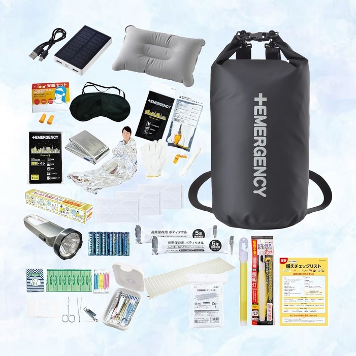 Secure Life おしゃれな超防水防災バッグ20L防災士監修・睡眠対策付き防災セット25点入り(2025年6月リニューアル)エアマット・寝袋・まくら・耳栓・アイマスク入り軽量・IPX6相当・紫外