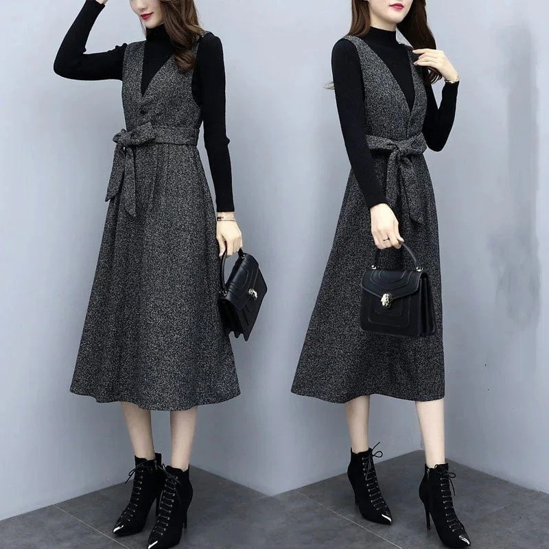 セットアップレディースワンピースニートトップス2点セットロング丈トップス長袖フレア30%までに制限