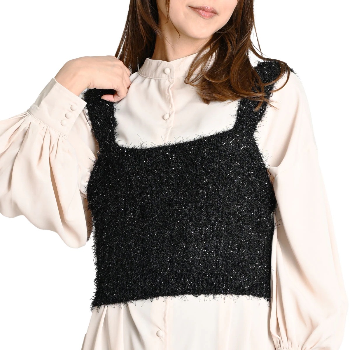 ビスチェ レディース ニットビスチェ 秋 冬 ふわキラリラメフェザーニットビスチェ キャミソール タンクトップ トップス ラメ ニット フェザー ジレ ベスト ノースリーブ クロップド レイヤード