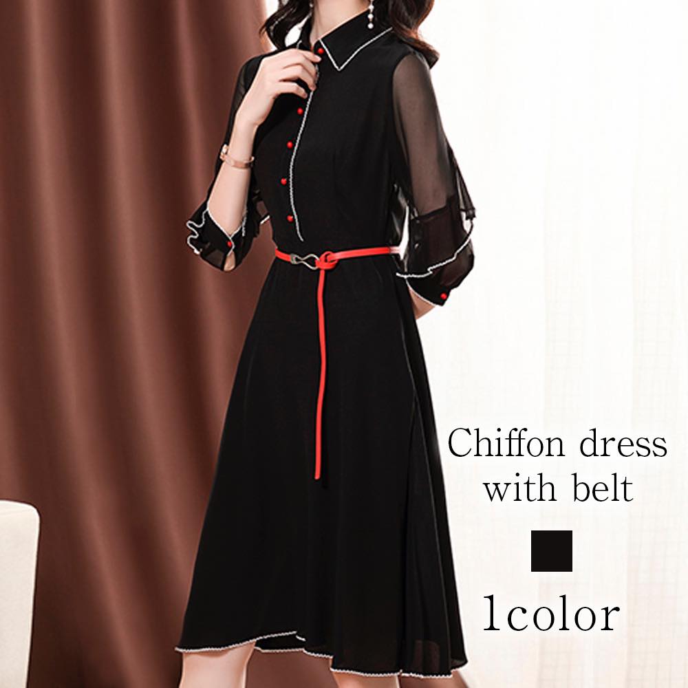 ワンピース レディース ベルト付シフォンワンピース 50代 白 大人 ネック 韓国 黒 ニット 秋 40代 春 かわいい ブランド 人気 大きいサイズ Aライン 厚手 しっかり おしゃれ カジュアル