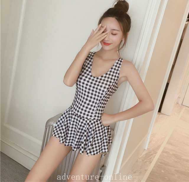 【2025新作入荷】ワンピース クロスバック チェック フリル レディース 水着 ミニ スリム 1186