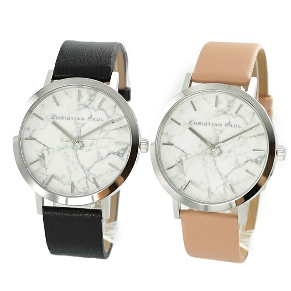 【ペア収納ケースつき】クリスチャンポール 腕時計 手表 ペアウォッチ おそろい 同サイズ 白 マーブル 大理石柄 43mm ブラック ヌードベージュ 天然皮革 レザー MR-05MWS4304 誕生日