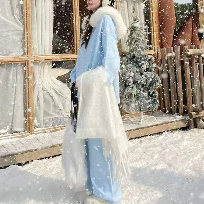 パンツロングパンツ冬のニットセーターセット女性デザイン感大毛襟厚手プルオーバーワイドパンツ2点セット