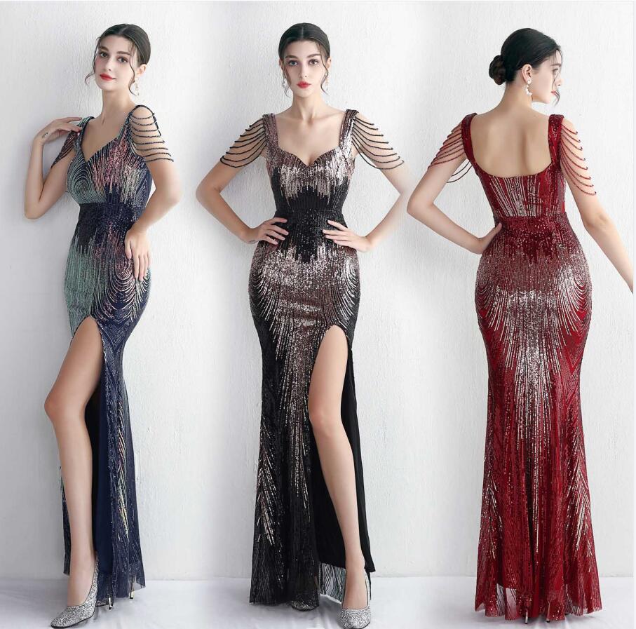 イブニングドレス キラキラドレス タイトワンピース ロングドレス レディース 結婚式 ワンピース ドレス 披露宴 二次会 キャバドレス Vネック スリットワンピース フォーマル ウェディング お花嫁