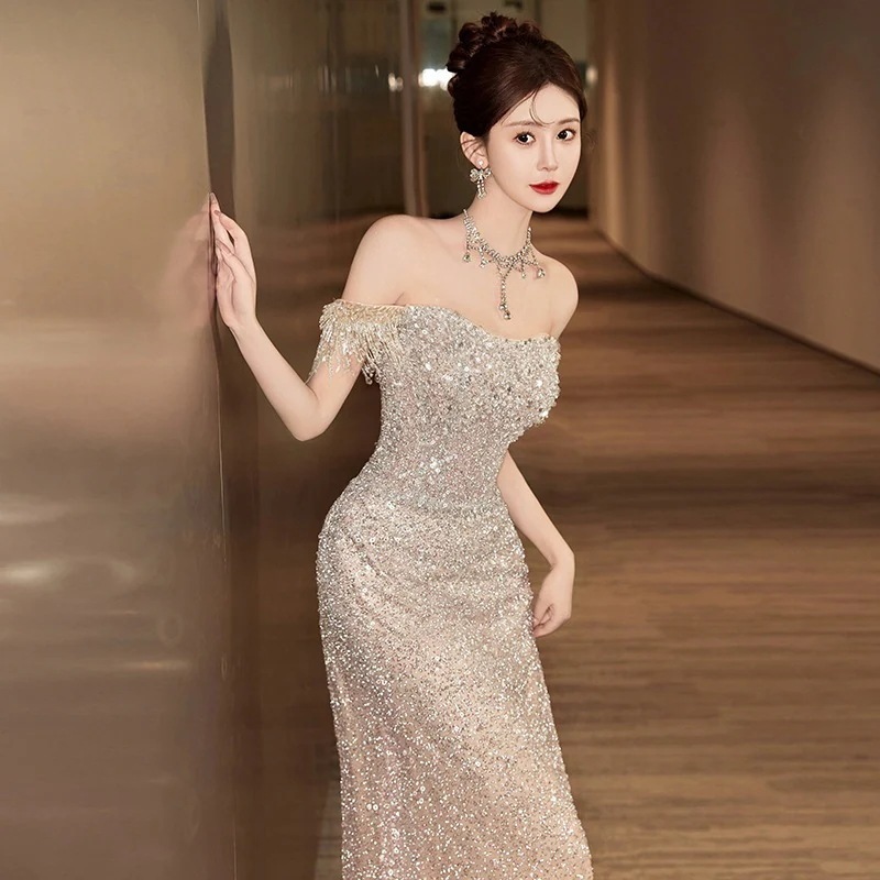 【急速出荷】無.料肩出し上品フィッシュテール婚約スパンコールワンピースドレス 演奏会 ウェディング 発表会 成人式 二次会 お呼ばれ