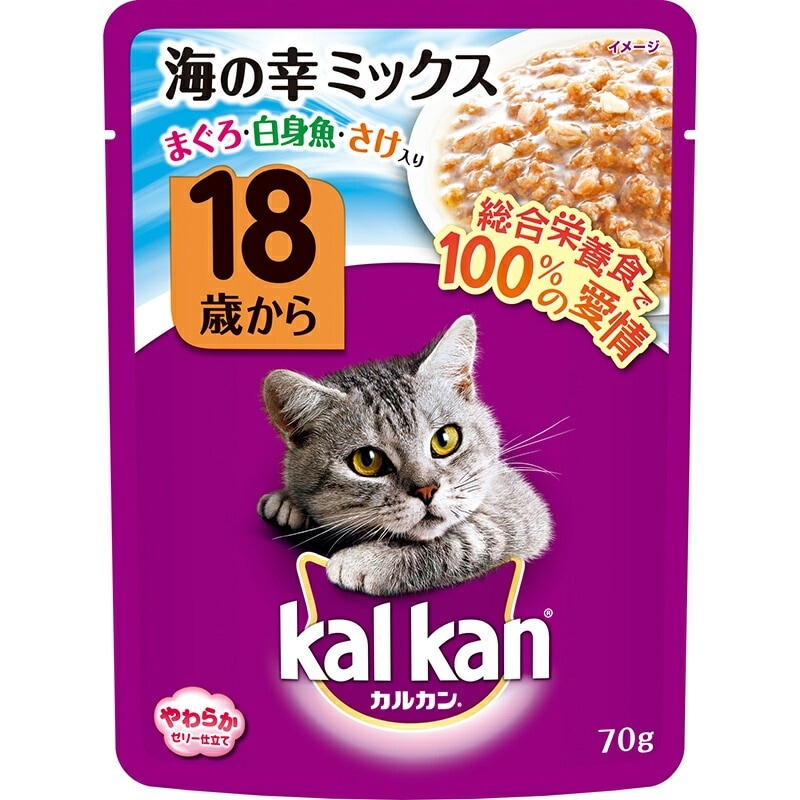 （まとめ買い）マース カルカン パウチ 18歳から やわらかゼリー仕立て 海の幸ミックス まぐろ/白身魚/さけ入り 70g [x40]