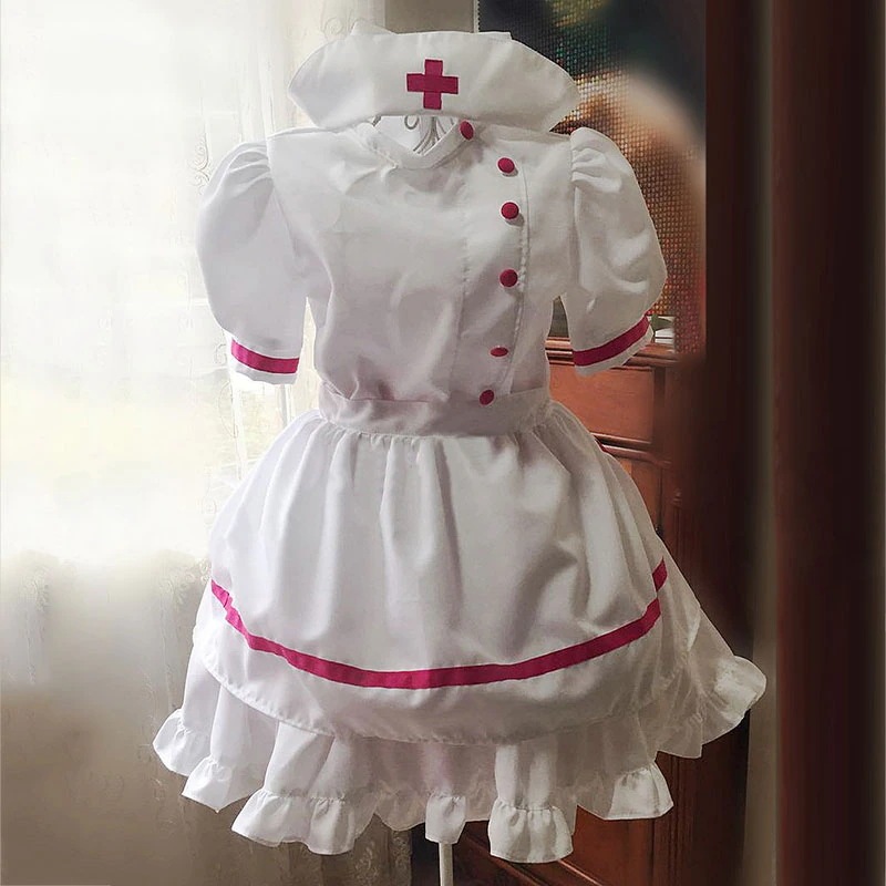 ナースメイド服 荷葉フリル スカート 白衣ワンピース ナースキャップ付け コスプレ衣装