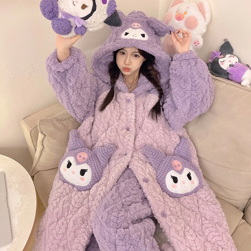 通学 紫のクロミパジャマ女冬三重挟み綿サンゴ絨毯プラス厚手フード付きズボンフランネルスリーパー 保育園 小学部