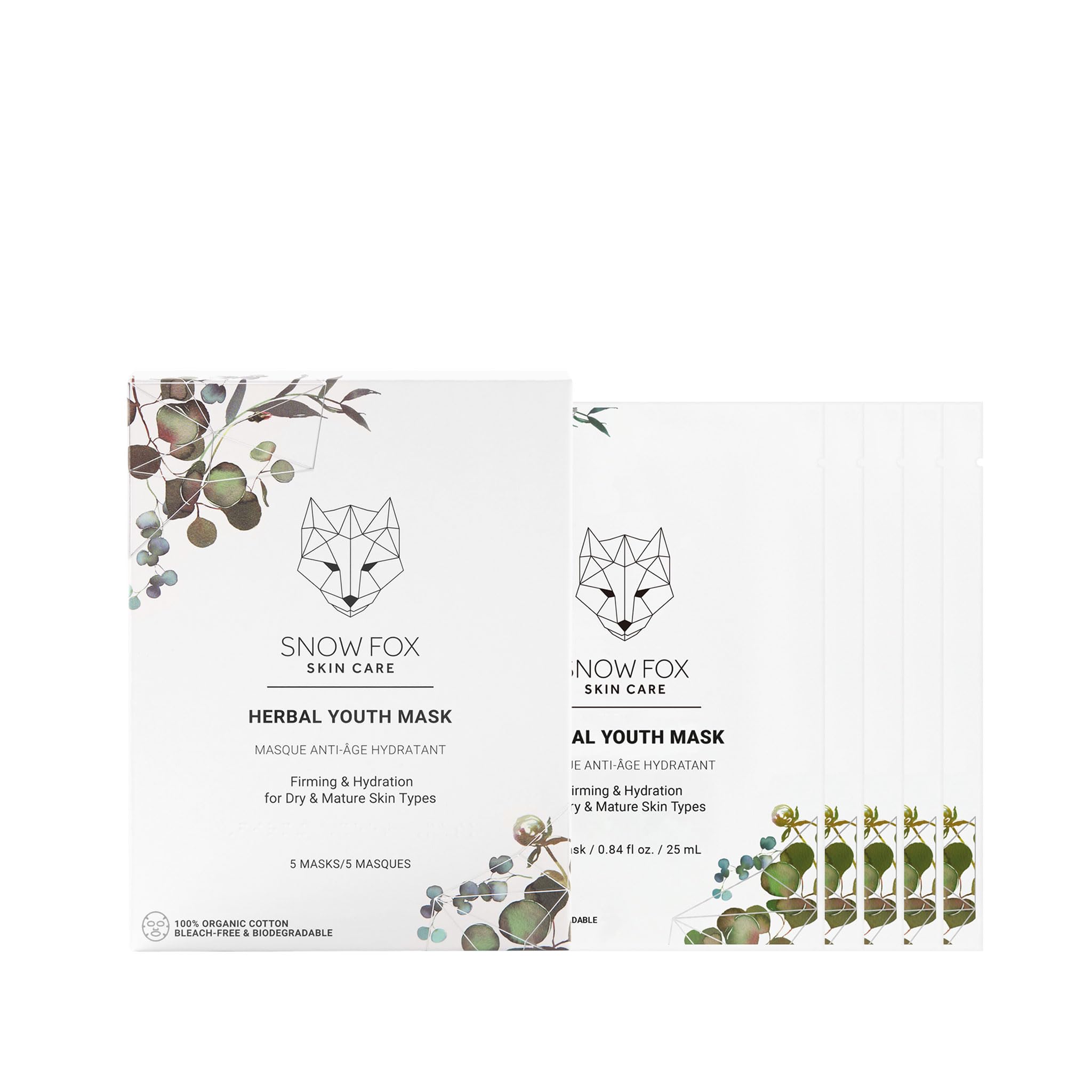 【SNOW FOX SKINCARE】ハーバル ユース マスク(1箱5枚入) フェイスマスク 敏感肌 乾燥肌 赤ら顔 酒さ顔 保湿 低刺激 無添加 40代 50代 エイジング プレゼント 個包装 高級