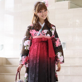 レンタル卒業式 袴 レンタル 女 袴セット 女 卒業式袴セット2尺袖着物＆袴 フルセットレンタル 安い 黒 黒地に金の縁取り黒乱菊と白ピンクの八重桜ハカマ はかま rental