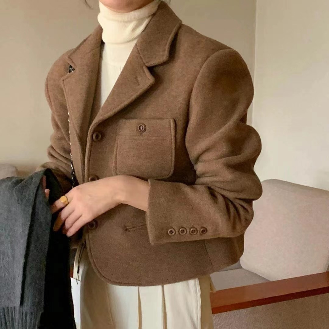 韓国ファッション レディース アウター韓国冬スーツ襟マルチポケットシングルブレストツイードショートジャケット