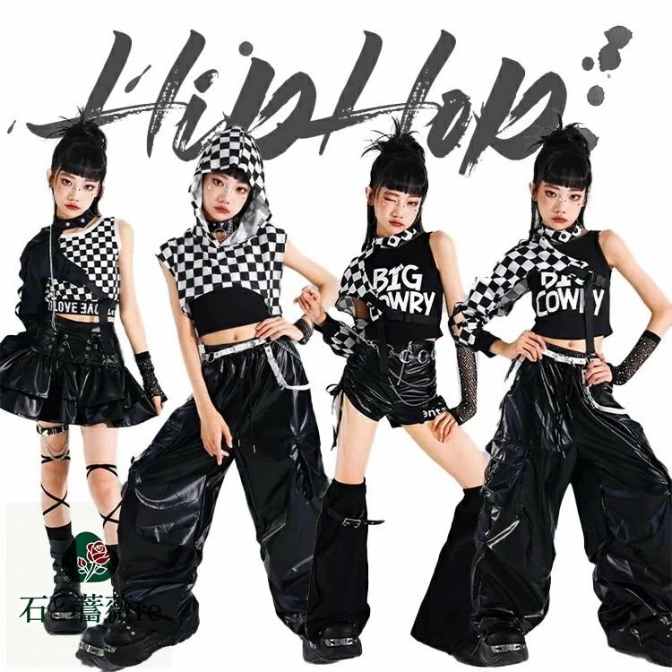 2日限定セール黒キッズダンス衣装レザーチェック柄女の子ダンスウェアタンクトップ短パンツズボンへそ出しスカートガールズ発表会応援団イベントジュニアカッコイイ普段着jazzKPOPオシャレDANCE110