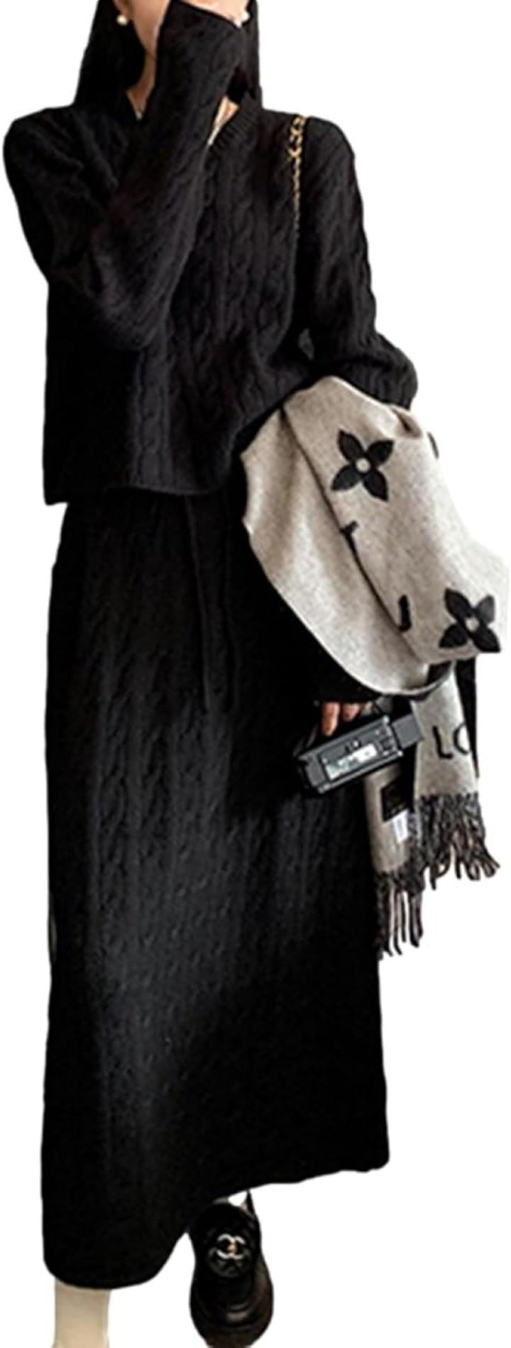 セットアップ レディース 2点セット ニット ケーブル編 ロングスカート Iライン ラウンドネック レディースファッション デート Iラインスカート ニットセーター(ブラック, L)