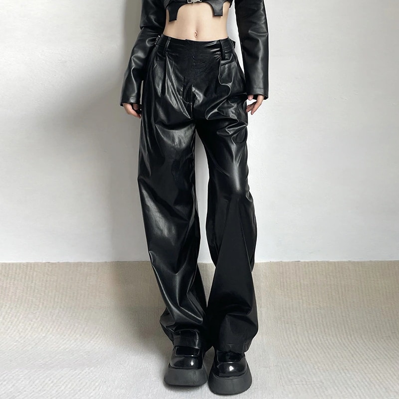 PUズボン　メタルバックルパンツ ウエストパンツ 女性機関車風黒ドレープ モップストレート カジュアルパンツ 5,320円