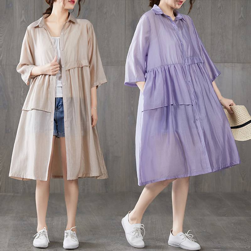 ロング シャツ ブラウス コート 膝丈 膝下 レディース 7分袖 前開き 薄手 透け感 L XL 紫 ベージュ 襟付き アシンメトリー マタニティ ゆったり 大人可愛い カジュアル お出かけ 普段使い