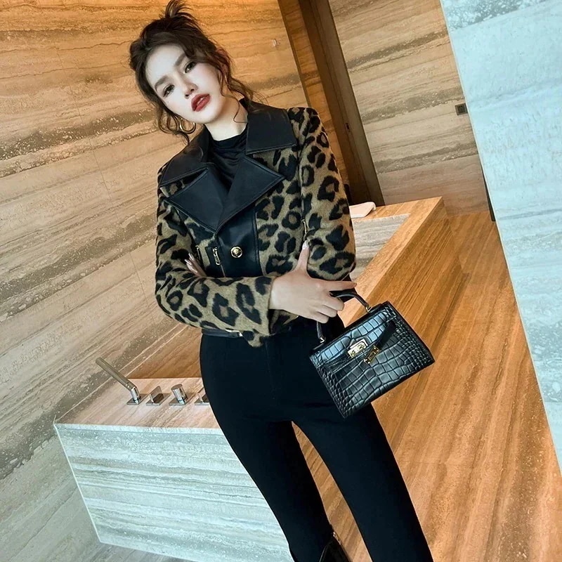 【JY.上品】 春 ヒョウ柄 ジャケット レザー ファー 短丈 厚手 ショート コート 豹柄 アウター30%までに制限