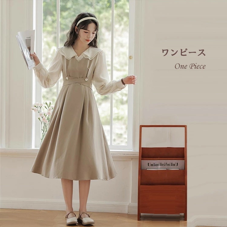 ワンピース レディース ワンピ ジャンパースカート ビッグカラー 長袖 ロング ミモレ丈 秋物 かわいい