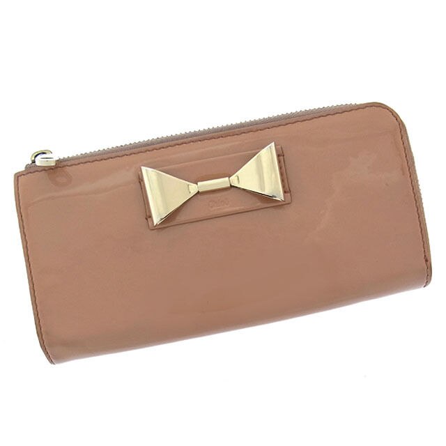 長財布 L字ファスナー メタルリボン付き ベージュ ゴールド ボルドー 中古