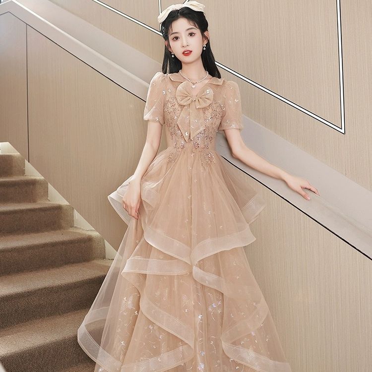 イブニングドレス ベージュ シャンパン色 ロングドレス 結婚式ドレス 二次会ドレス リボン フレア フリル 可愛い 発表会ドレス ロング パーティードレス Aライン 大きいサイズ ドレス S M L