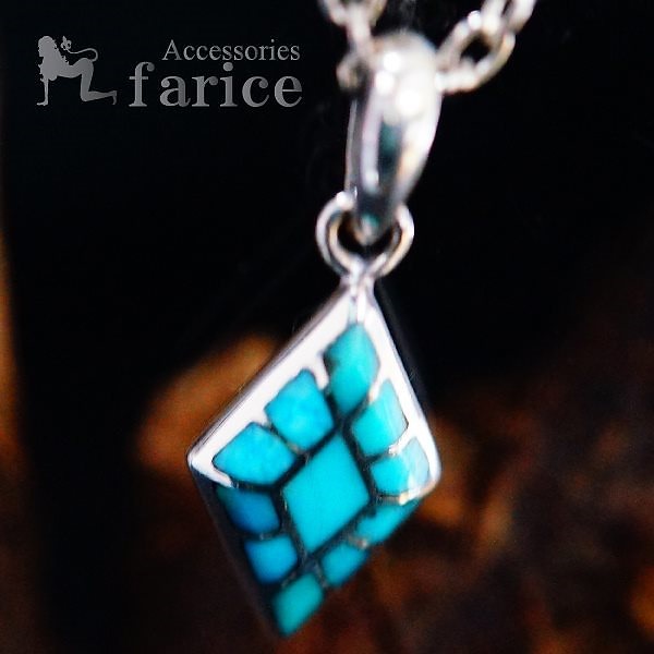 天然石 ロザンジェ(菱形)風カットターコイズ インレイ(はめ込み)装飾 ダイヤモンド形プレートデザイン メンズ&レディース インディアンジュエリー シルバー925 ペンダント ネックレス