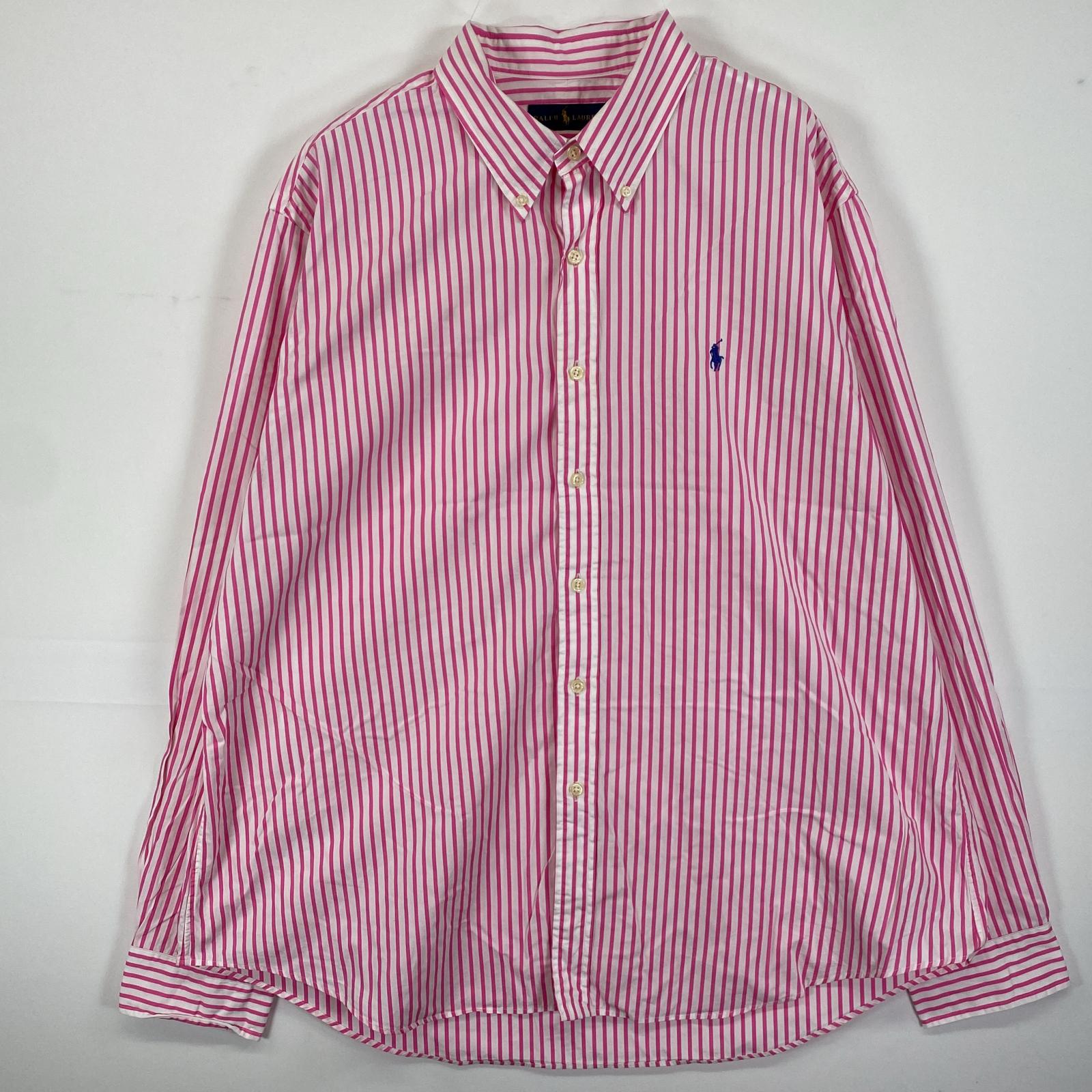 古着 長袖シャツ ボタンダウン 刺繍ロゴ ワンポイントロゴ XXL ピンク系 チェック メンズ