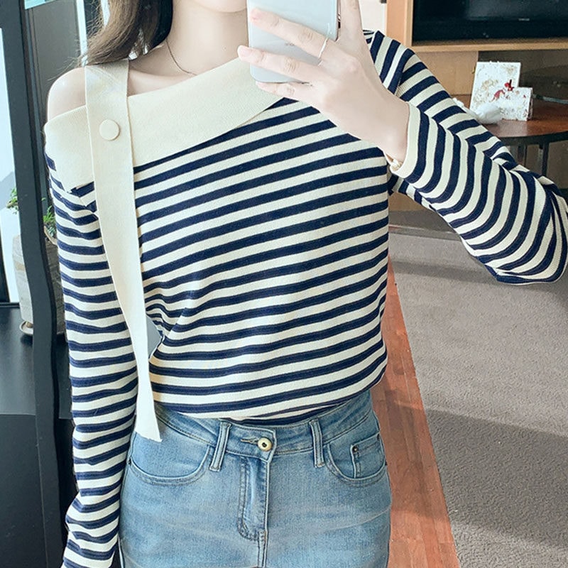 レディース ニット セーター トップス カットソー プルオーバー 秋服 春服 長袖 ファッション ワンショルダー 肩出し セクシー 可愛い 柔らか 快適 カジュアル ボーダー柄 普段着 ニットセーター