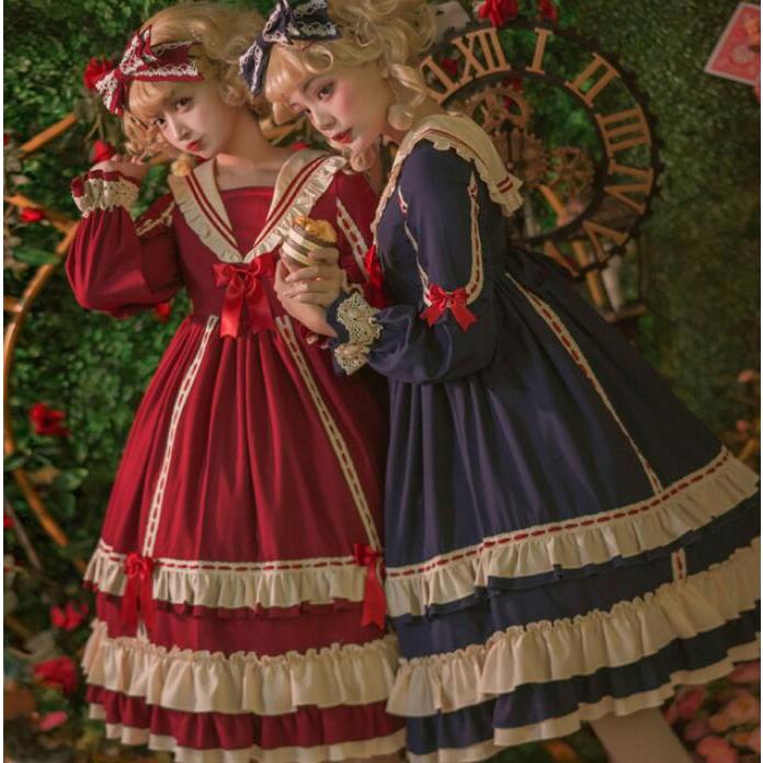 ロリータ ドレス ゴスロリ＆ロリータ服 長袖 ワンピース 膝丈 ミモレ丈 ロング ロリィタ服 マリン風 お姫様 ドレス 裾フリル レース リボン 可愛い ハイウエスト30%までに制限