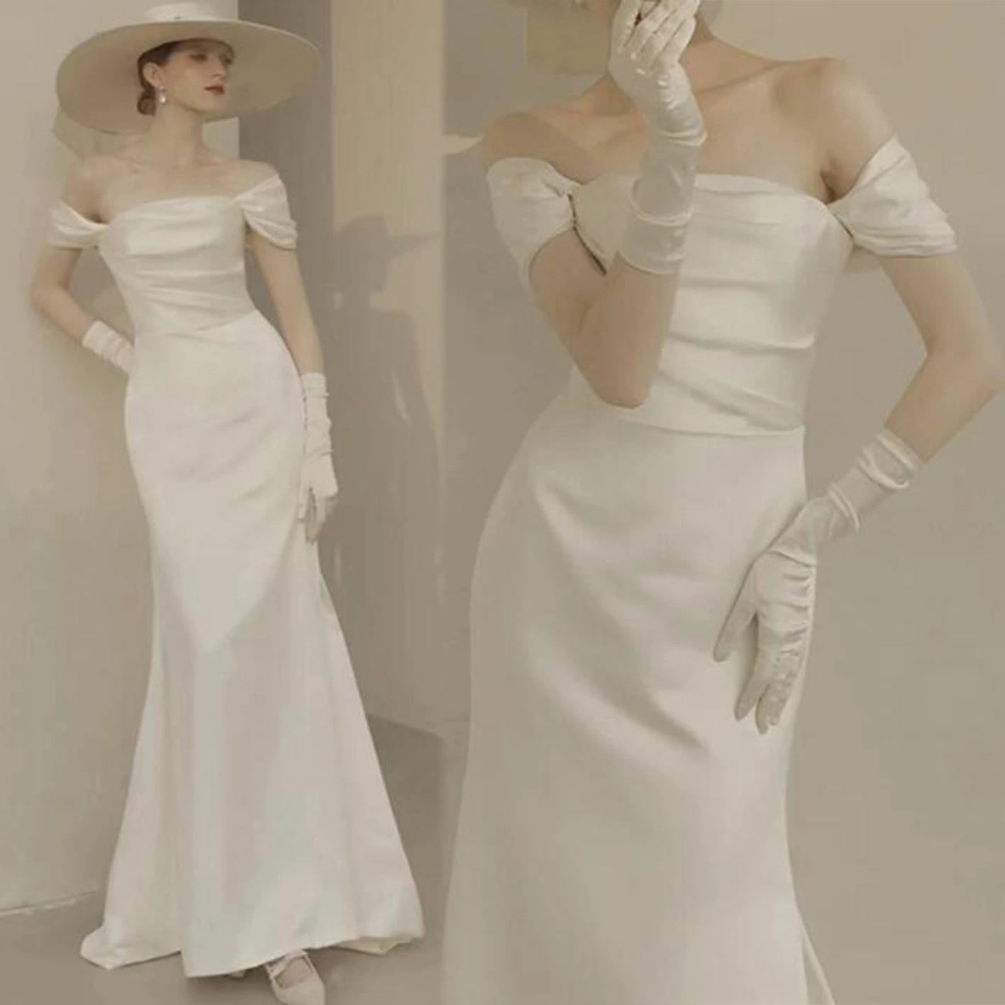 ウェディングドレス ミニドレス オフショルダードレス 編み上げ 二次会ドレス フォーマルドレス 花嫁ドレス シンプル パーティードレス ロングドレス スレンダーライン 優雅 エレガント ブライダル 演