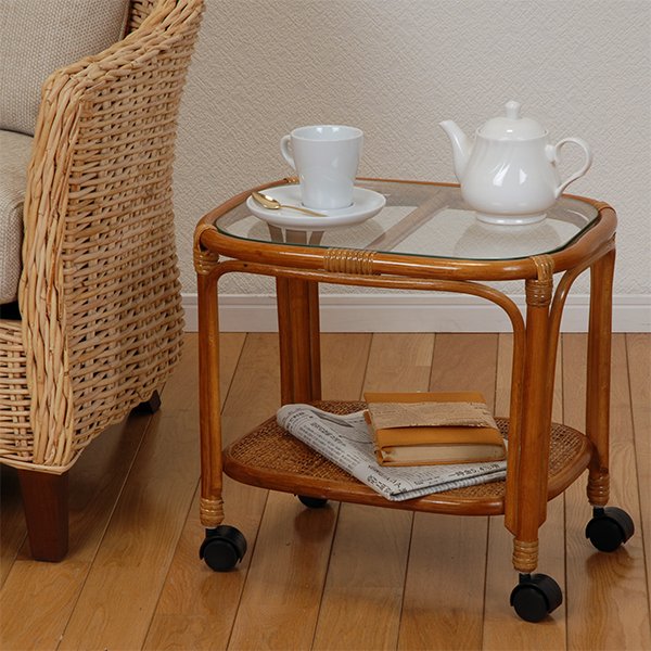 テーブル サイドテーブル ガラステーブル ラタン 強化ガラス 幅45 キャスター付き 固定棚板