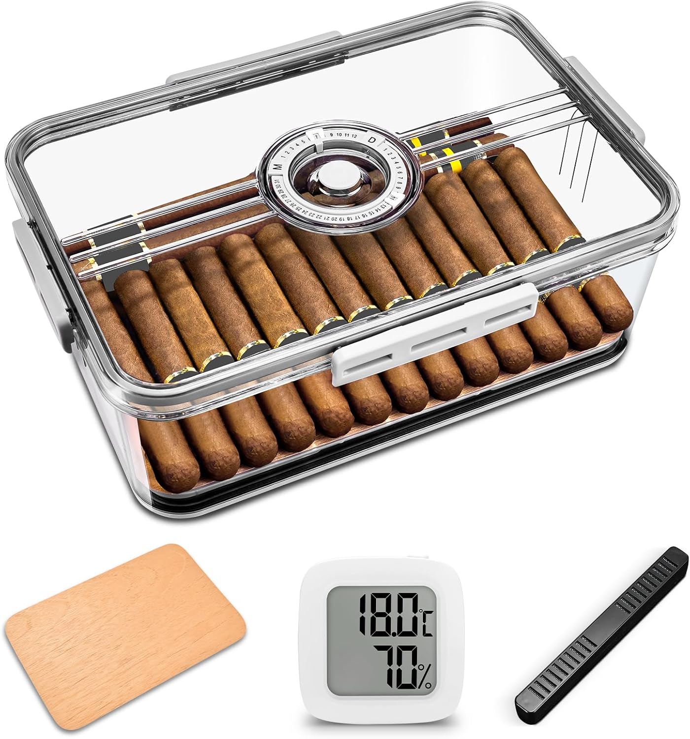 CIGARLOONG シガーヒュ杉材 大容量葉巻 ヒュミドール 杉材＆PP マルチストア収納ボックス 湿度計加湿器はき 葉巻50-60本収納可能