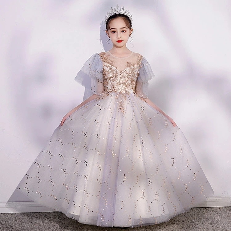 子供ドレス ピアノ発表会ドレス ロングドレス グレー 女児ドレス 演奏会ドレス スパンコール キラキラ キレイめ ロング キッズドレス 七五三ドレス フォーマル 100~160cm