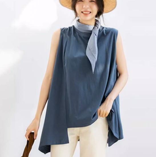 トップス ノースリーブTシャツ タンクトップ セーター レディース プルオーバー アシメトリーデザイン ミッドレングス 袖なし 夏 ラウンドネック スタイル レギュラー丈 かわいい きれいめ