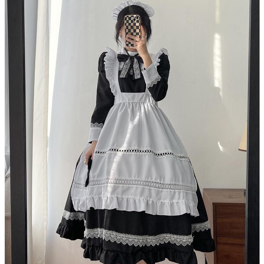 【大人気】メイド服 ゴスロリ 可愛い ロリータ ドレス ロング丈 人気 ワンピース ハロウィン 仮装 レディース コスプレ 長袖 蝶結ぶ パーティー イベント 演出服 ニーハイ