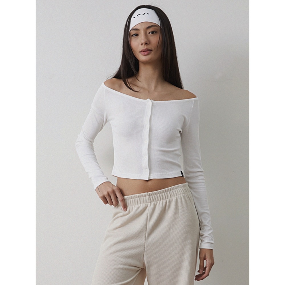 INJIACTIVE オフショルダーリブカーディガンホワイト