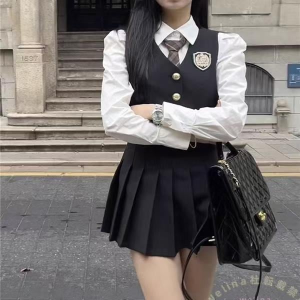 卒業式制服セット 女の子風4点白シャツネクタイ Welina（株） 150-160cmベストプリーツスカート 卒服なんちゃって制服小中高生コーデ