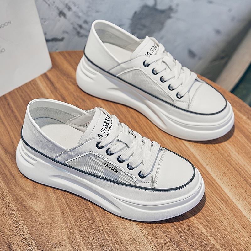 nxnx ホワイトシューズ レディース 春夏 薄手 2024新作 メッシュ 通気性 レザー 厚底 万能 片足両履き レスト