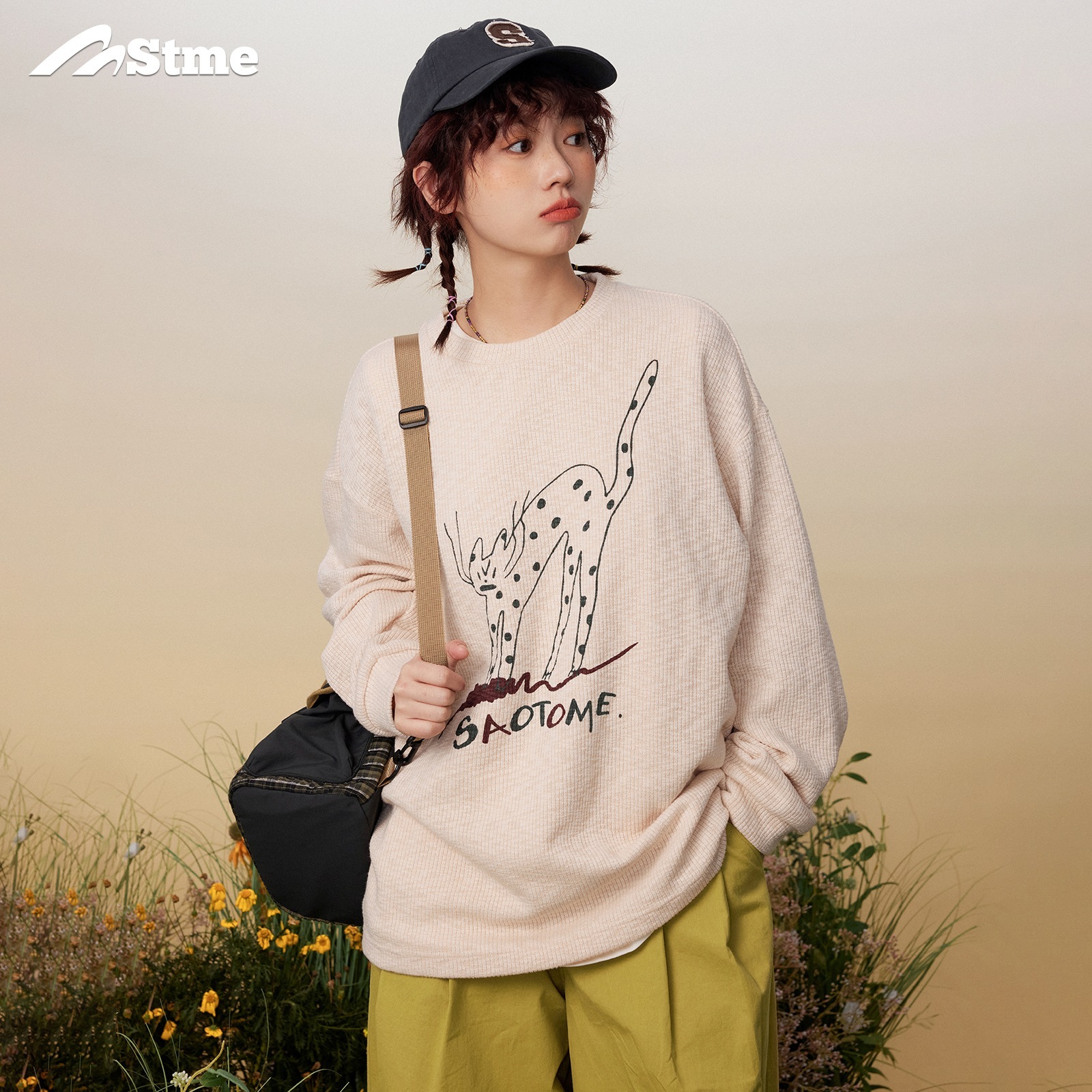 早乙女恵子 さおとめ 和風レトロゆる猫柄 風合い長袖ラウンドネックtシャツ トレーナー