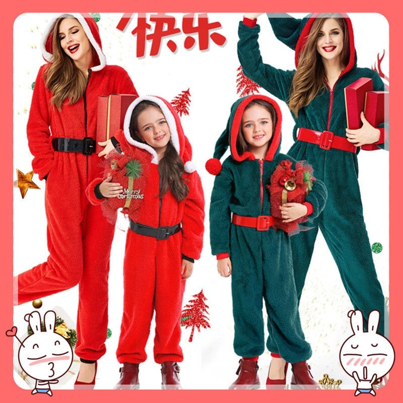 圣诞节日演出绿红色圣诞树连体亲子成人男女儿童圣诞老人表演服装