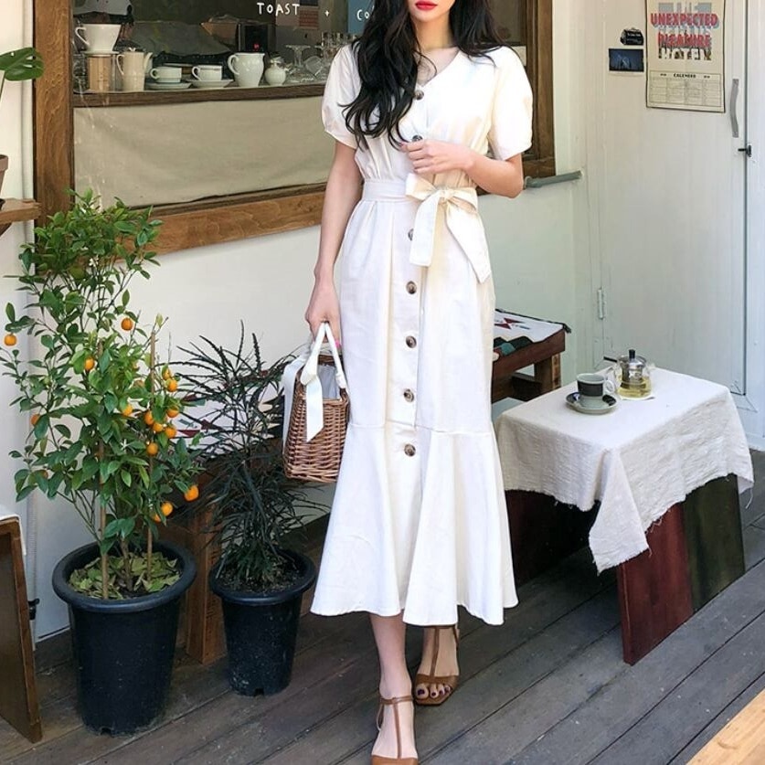 ワンピース シャツワンピース ミモレ ミモレ丈 袖あり 半袖 パフスリーブ Vネック 襟なし セミフレア Iライン 切り替えデザイン フリル リボン ウエストマーク ウエストリボン 切り替えデザイン