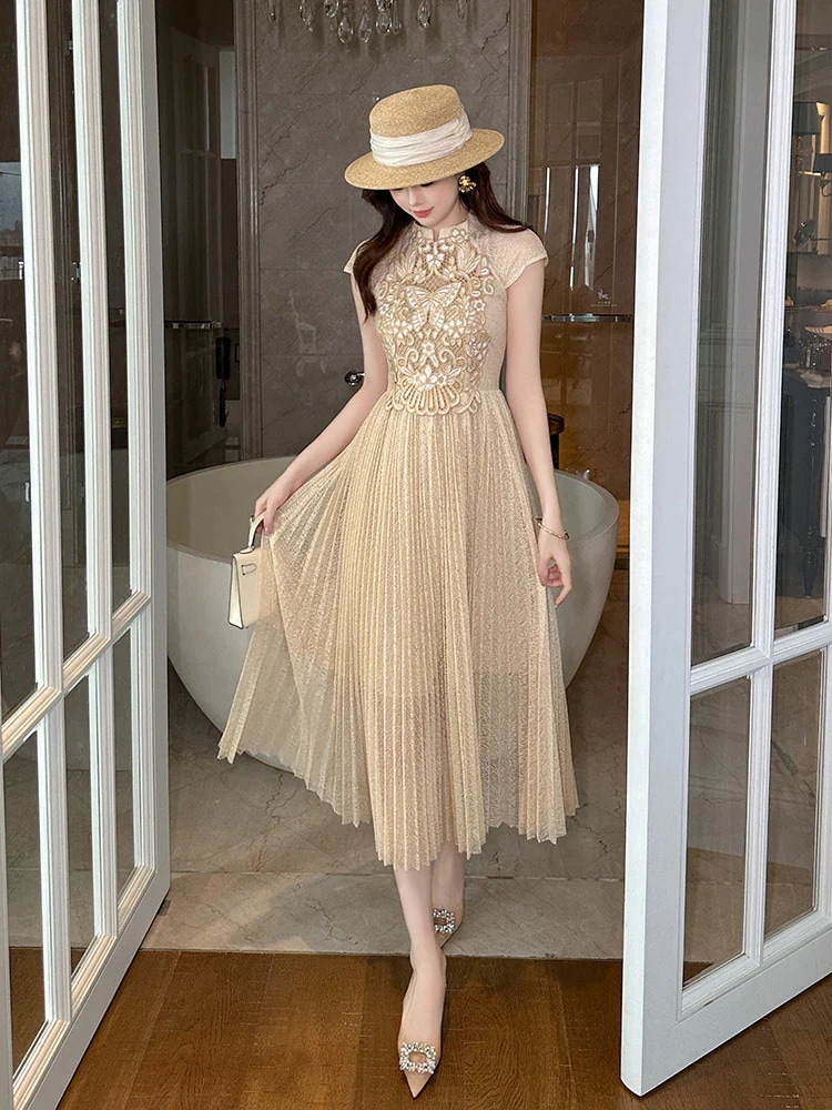 2025夏新品 レース プリーツ 半袖 ドレス パーティー キャバ 大人 同窓会 披露宴 卒業式 結婚式 演奏会 ウェディング 二次会 メガ割30%までに制限