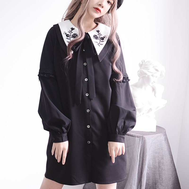 シャツワンピース 半袖 暗黒風刺繍 長袖ワンピース 黒 取り外し可能スリーブ 四季着用