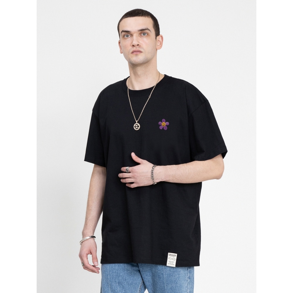 GRAVER パープルフラワーエンブロイダリーショートスリーブTシャツ 4color