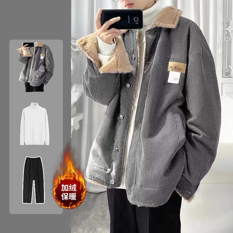 秋冬新作 厚手 コーデュロイ アウター メンズファッション セットアップ 裏起毛 ジャケット+セーター+ズボン 上下セット 3点セット