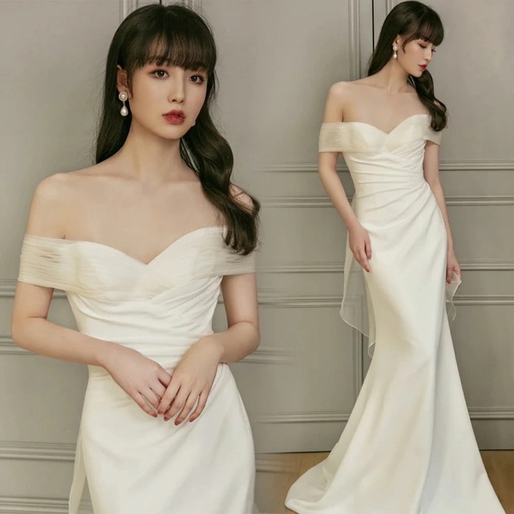 注目商品二次会ドレス ウェディングドレス 白 サテンドレス オフショルダー Vネック セクシー 結婚式ドレス 二次会 マーメイドドレス ホワイト ロングドレス バックリボン オシャレ海外挙式 撮影 X