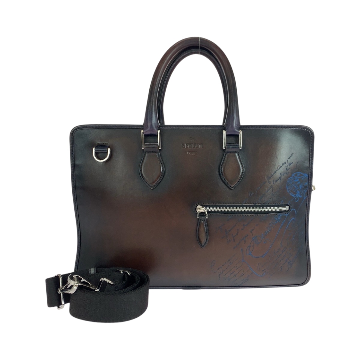 美品 アンジュール ブラウン ネイビー シルバー金具 レザー ショルダーバッグ ハンドバッグ 2way メンズ 503762