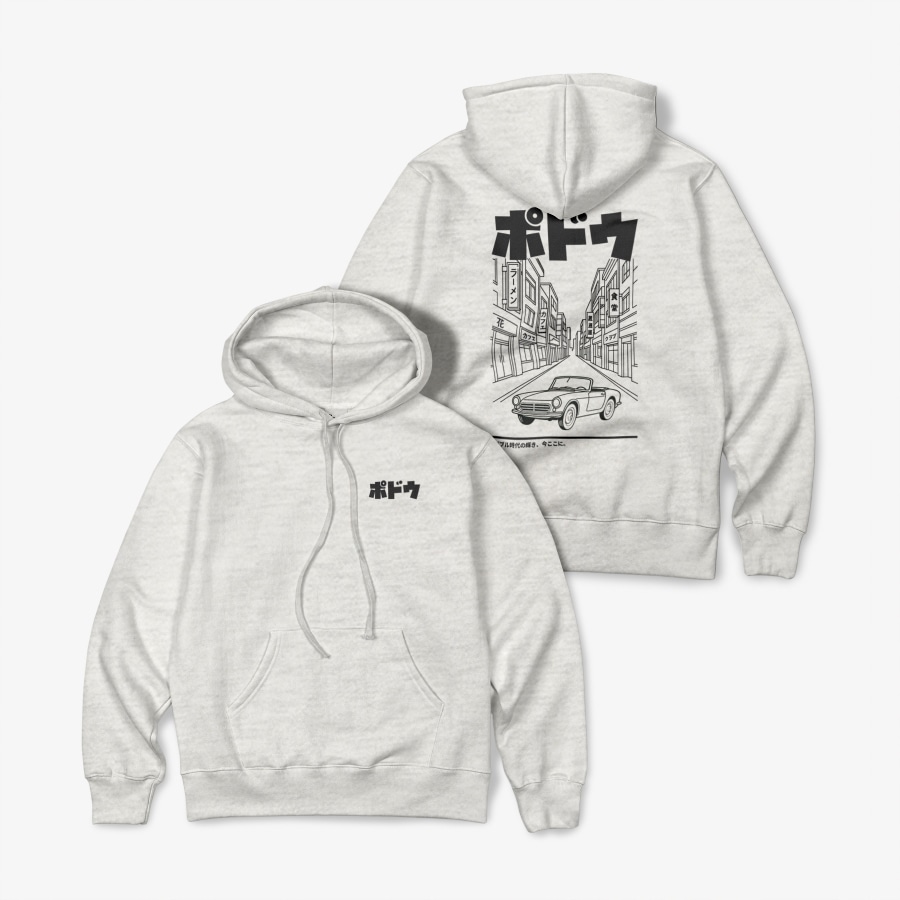日本の都市 クラシックカー イラスト ポドウグッズ 日本語 ヘビー厚手フーディー韓国両面