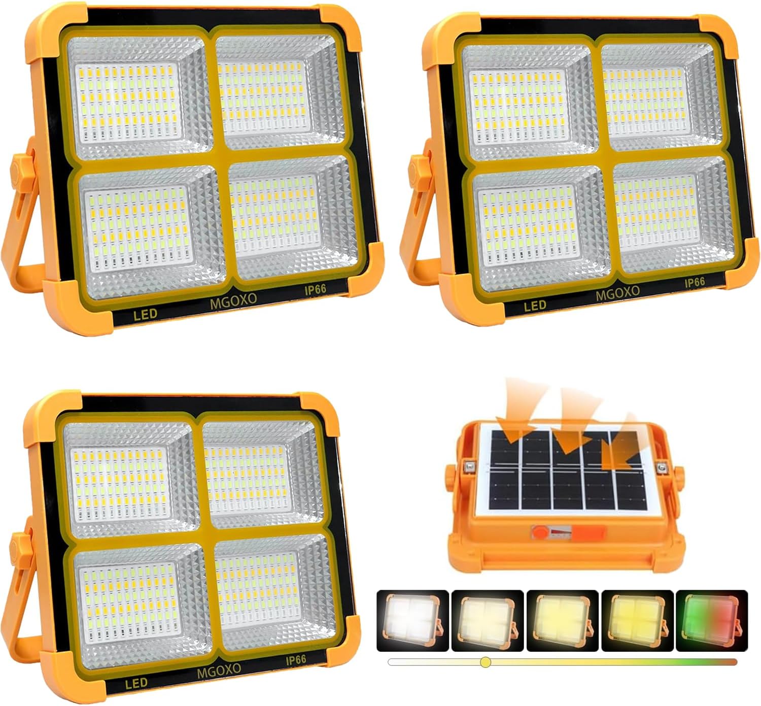 MGOXO 投光器（3個）LED 充電式 作業灯 16000mAH大容量 超高輝度 240W 15000LM ソーラー充電/Type-c充電 便携式 5色切替 無段階調光 太陽光発電 IP66防水 磁