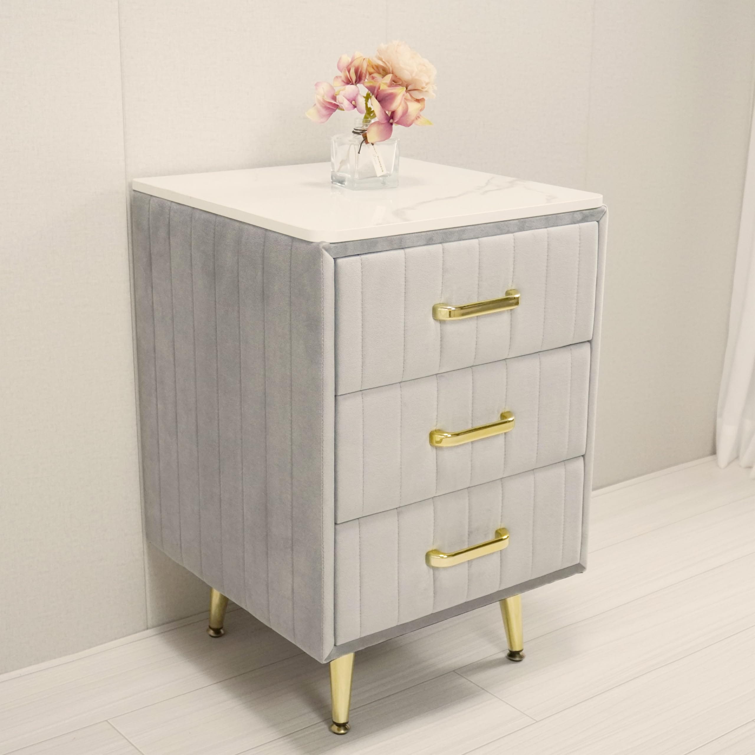 ベッドサイドテーブル ナイトテーブル ドレッサーコスメデスク チェスト サイドテーブル ベロア 化粧台 オシャレ 人気 引き出し付き TST01(チェスト, グレー)