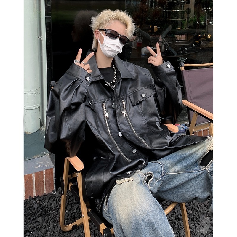 男前黒レザージャケットメンズ国民的ファッションブランドハイエンドストリートカジュアルゆったり男前ライダースレザージャケット